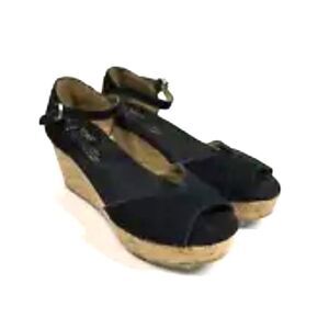 Toms Black Suede Leather Cork Wedge Open Toe Platform Sandals Women Size 6.5